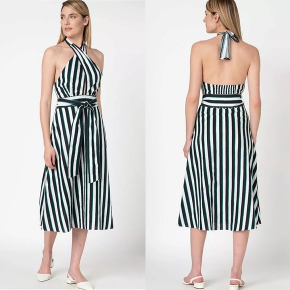 Banana Republic Linen-Cotton Halter Dress, Green Navy Stripe